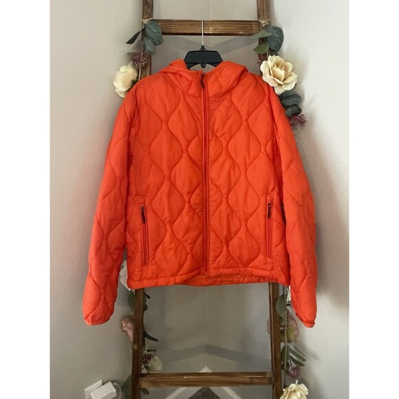 H&M Orange Quilted Hooded Jacket with Zipper Pockets EUC Size Large - Picture 1 of 10